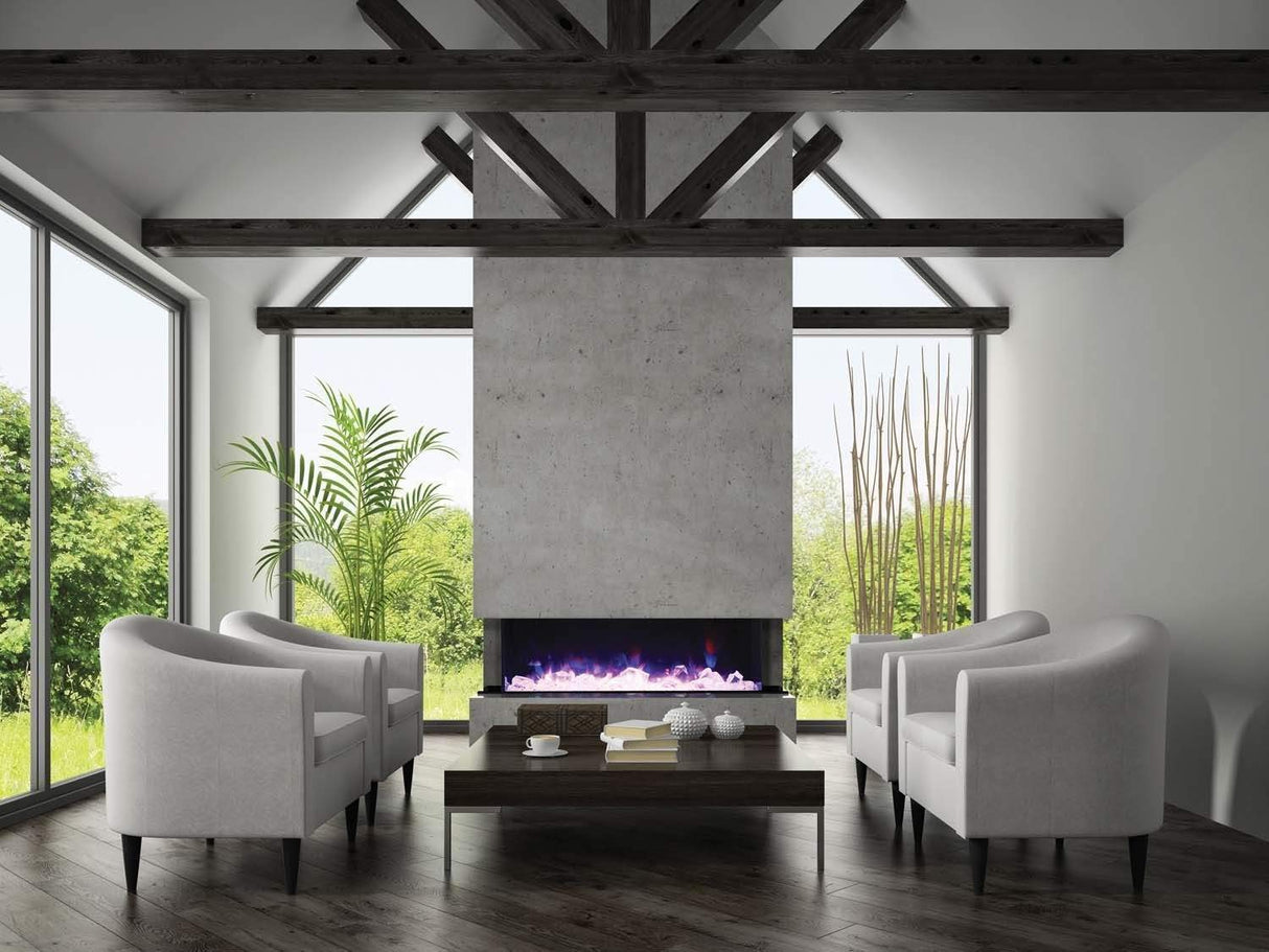 Amantii 72-TRV-SLIM Trv View Slim Smart Electric - 72" Indoor / Outdoor WiFi Enabled 3 Sided Fireplace Featuring a depth of 10 5/8", MultiFunction Remote Control, Multi Speed Flame Motor, and a 10 piece Birch Log Set