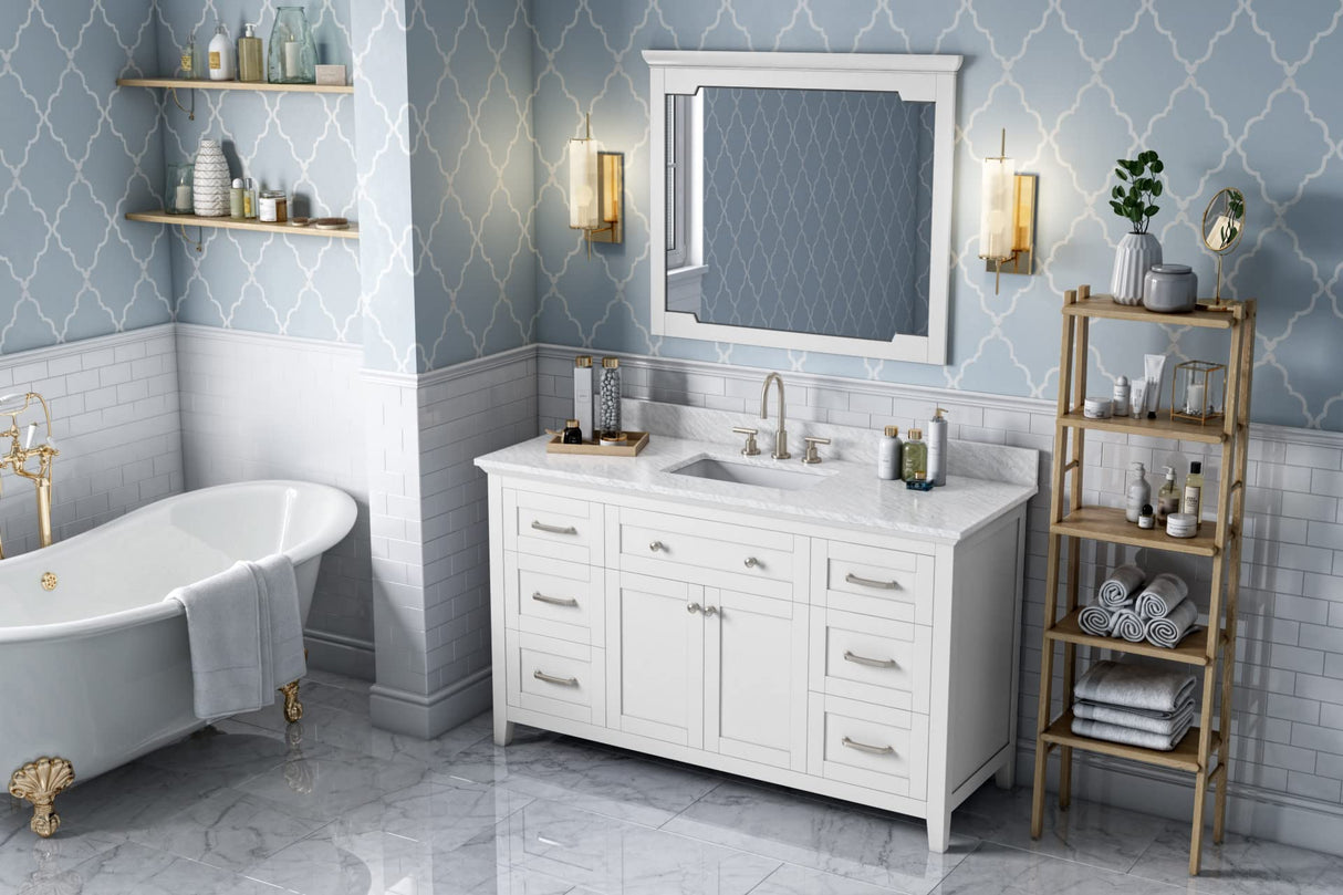 Jeffrey Alexander VKITCHA60SWHWCR 60" White Chatham Vanity, White Carrara Marble Vanity Top, undermount rectangle bowl