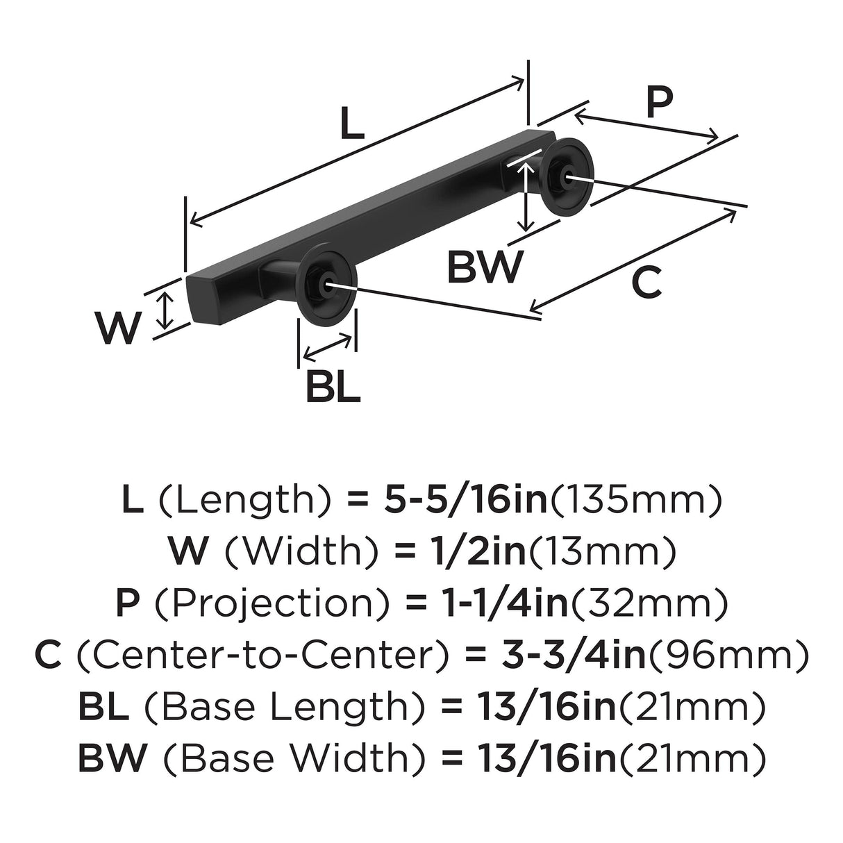 Amerock Corp BP37104MB Everett Pull, 3-3/4 in (96 mm) Center-to-Center, Matte Black