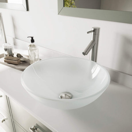 VIGO White Frost Glass Vessel Bathroom Sink Set With Dior Vessel Faucet In Brushed Nickel