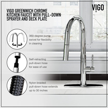 VIGO VG02029CHK1 18" H Greenwich Single-Handle with Pull-Down Sprayer Kitchen Faucet with Deck Plate in Chrome