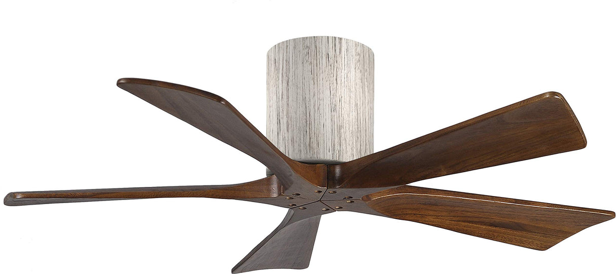 Matthews Fan IR5H-BW-WA-42 Irene-5H five-blade flush mount paddle fan in Barn Wood finish with 42” solid walnut tone blades. 