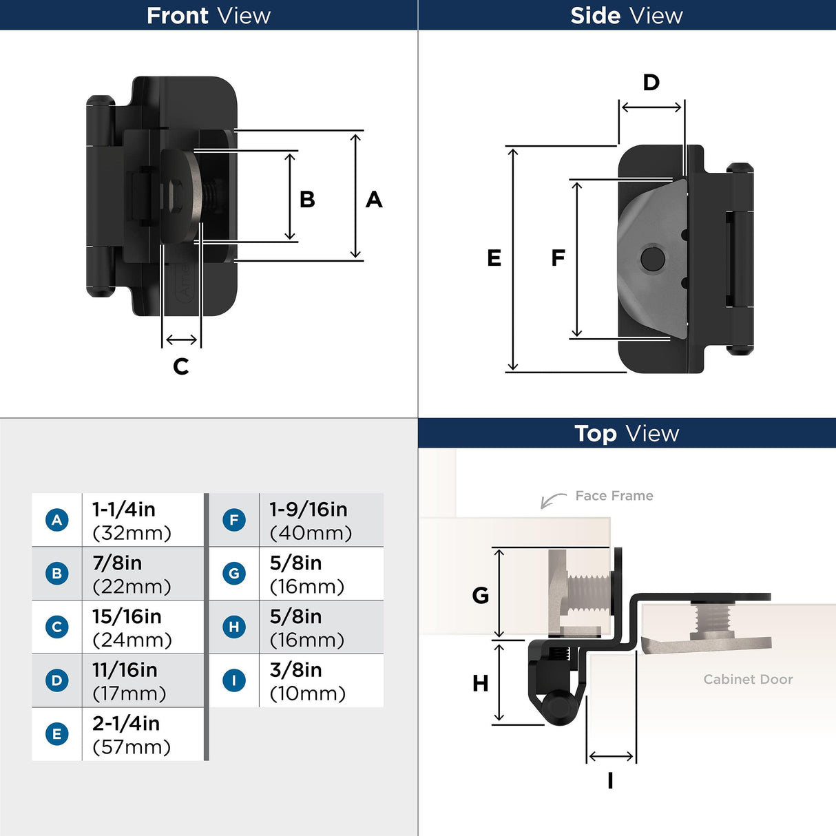 Amerock BPR8700FB Cabinet Hinge 3/8 in (10 mm) Inset Double Demountable Matte Black Kitchen Cabinet Door Hinge 1 Pair/2 Pack Functional Hardware