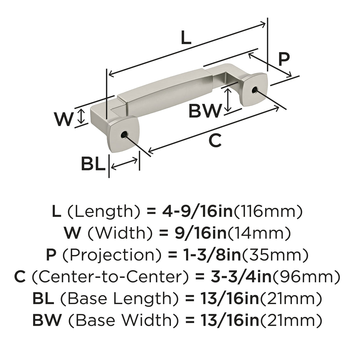Amerock BP36887G10 Stature Cabinet Pull, 3-3/4 in (96 mm) Center-to-Center, Satin Nickel