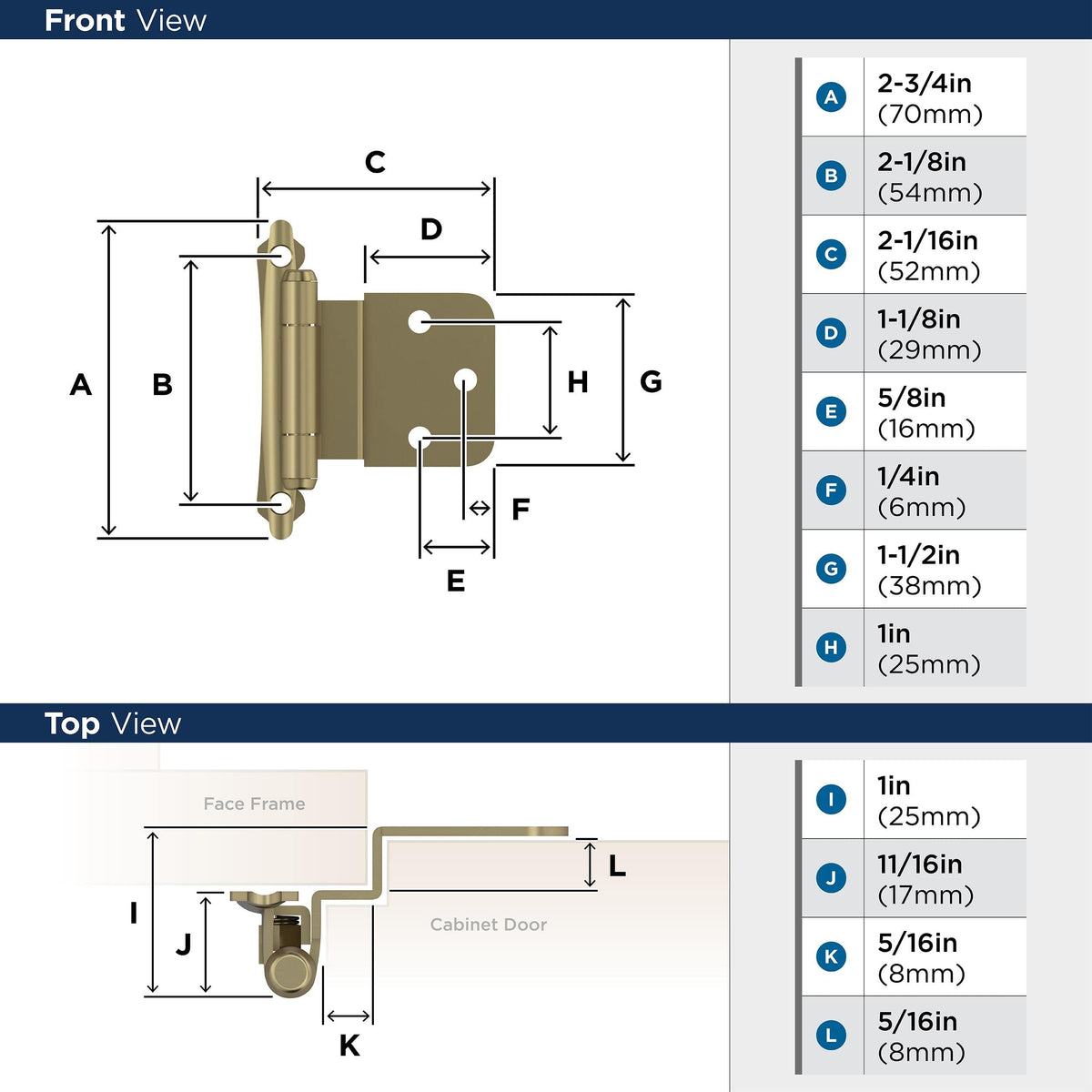 Amerock BPR7928BBZ Cabinet Hinge 3/8 in (10 mm) Inset Self Closing Face Mount Golden Champagne Kitchen Cabinet Door Hinge 1 Pair/2 Pack Functional Hardware