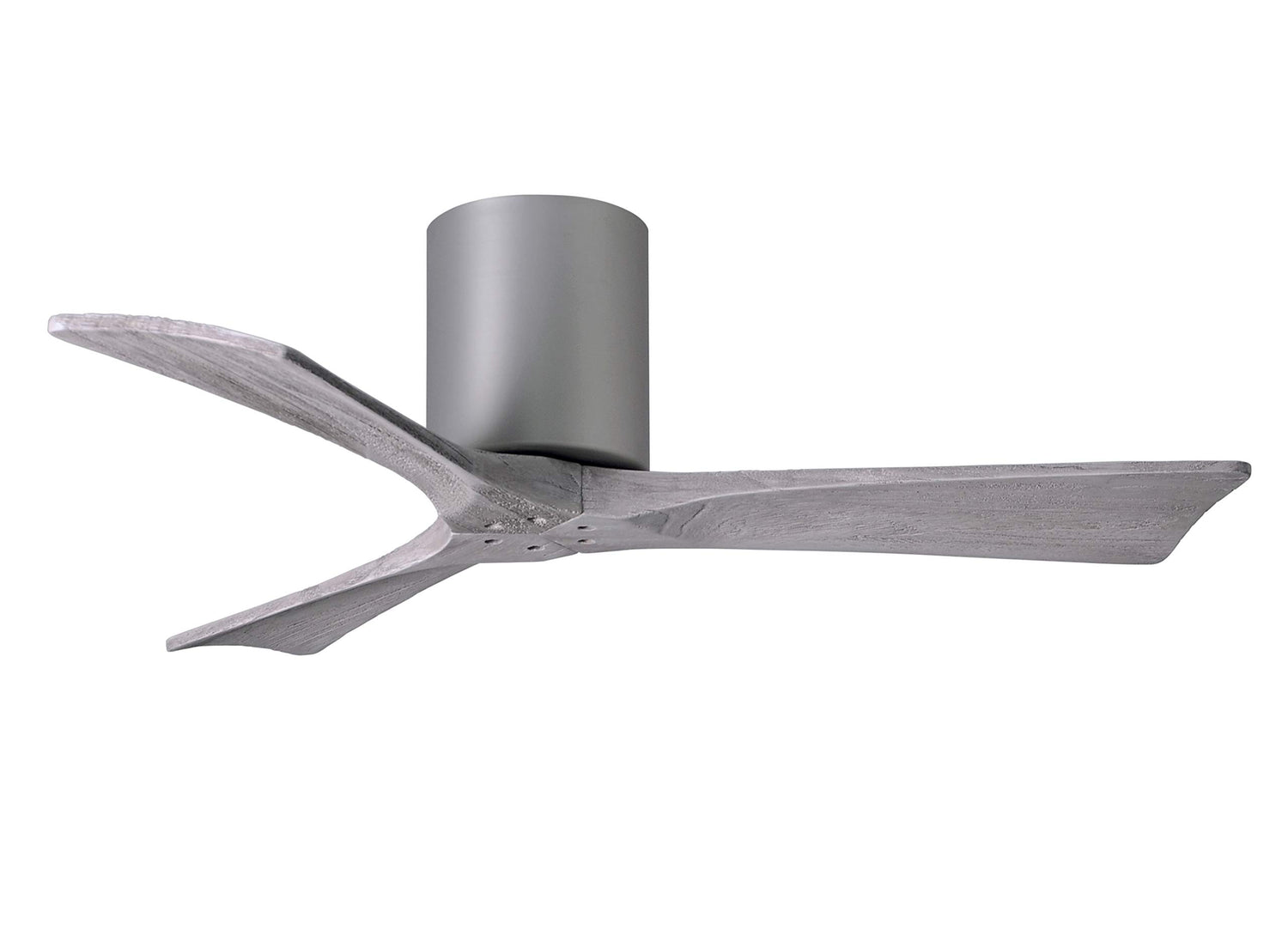 Matthews Fan IR3H-BN-BW-42 Irene-3H three-blade flush mount paddle fan in Brushed Nickel finish with 42” solid barn wood tone blades.