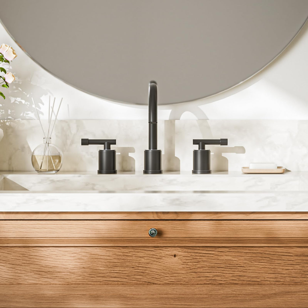 8-Inch Three-Hole Bathroom Faucet with Pull-Down Sprayer, Widespread Design, Metal Pop-Up Drain, Water Supply Lines, and Two Handles