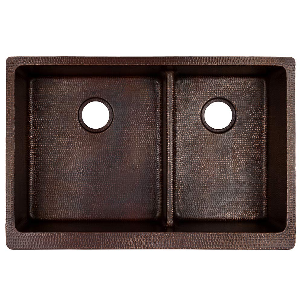 Premier Copper Products KA60DB33229-SD5 33-Inch Hammered Copper Kitchen Apron 60/40 Double Basin Sink with Short 5-Inch Divider…