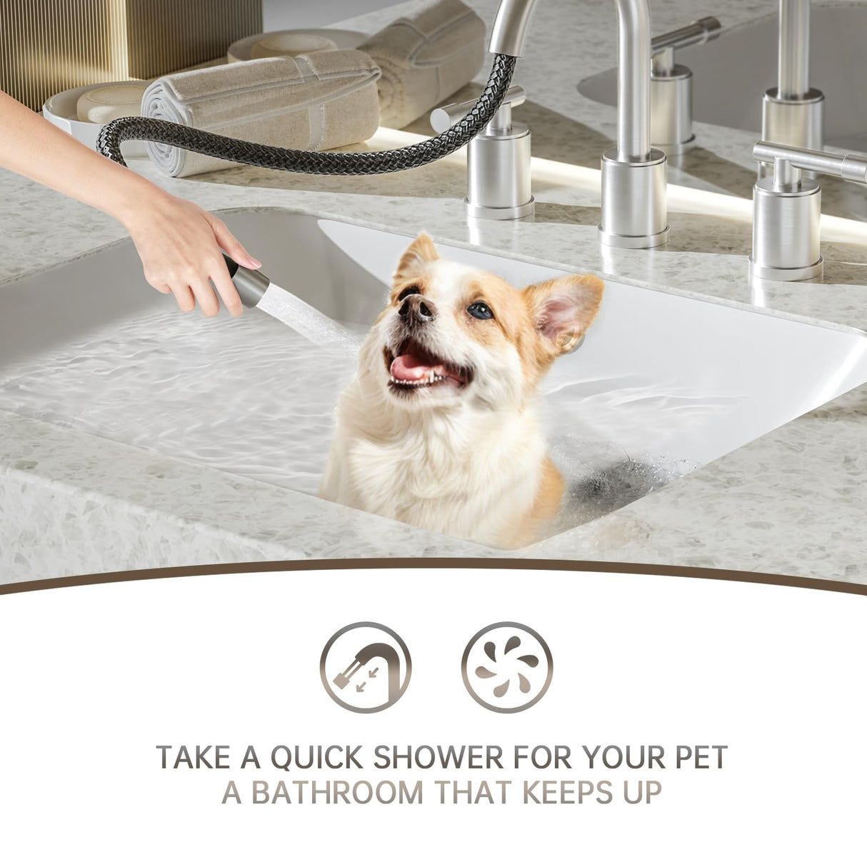 8-Inch Three-Hole Bathroom Faucet with Pull-Down Sprayer, Widespread Design, Metal Pop-Up Drain, Water Supply Lines, and Two Handles