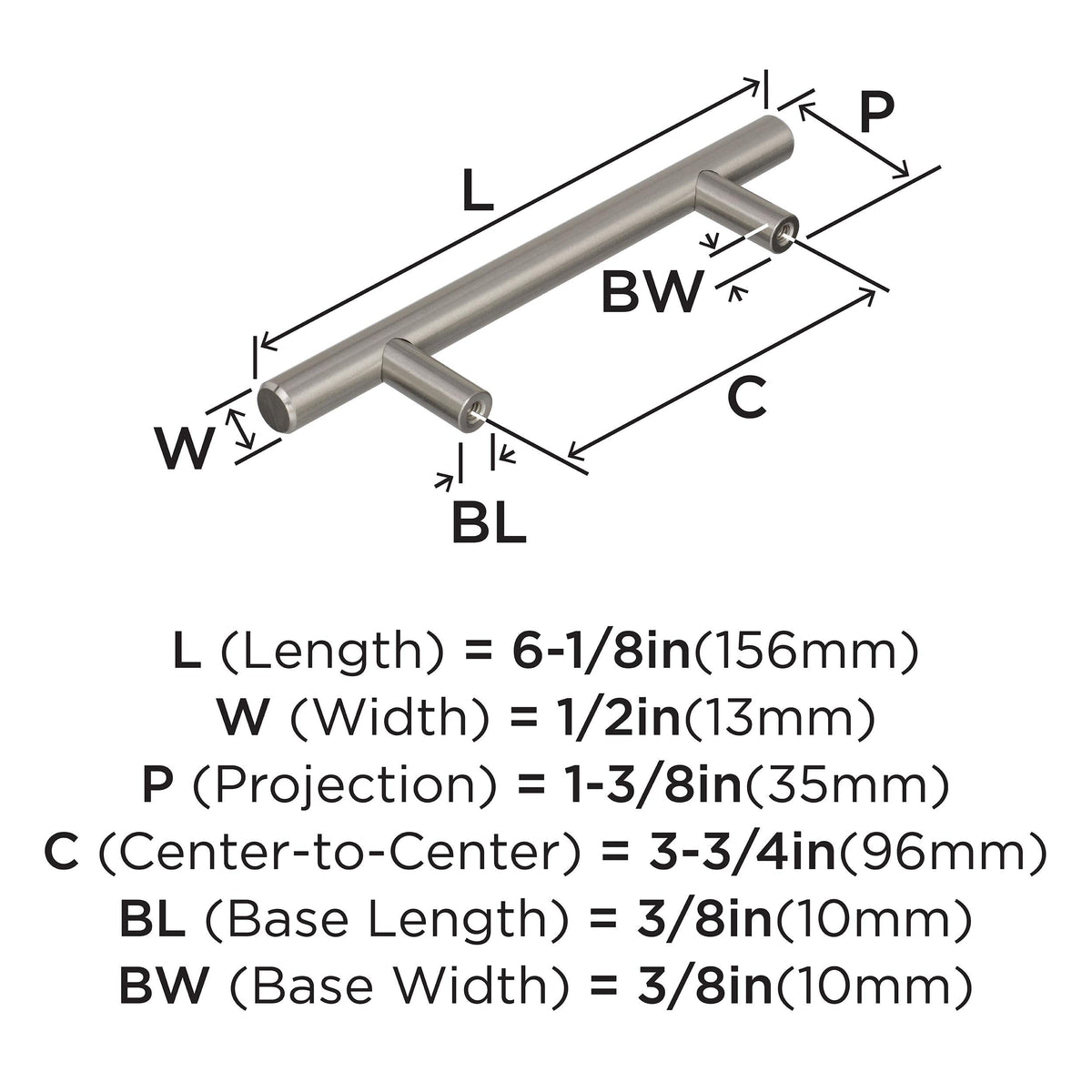 Amerock Cabinet Pull Sterling Nickel 3-3/4 inch (96 mm) Center to Center Bar Pulls 1 Pack Drawer Pull Drawer Handle Cabinet Hardware