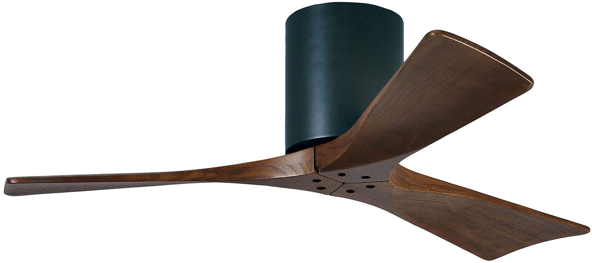 Matthews Fan IR3H-BK-WA-42 Irene-3H three-blade flush mount paddle fan in Matte Black finish with 42” solid walnut tone blades. 