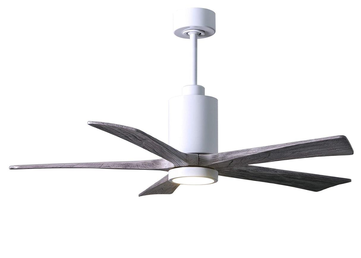 Matthews Fan PA5-WH-BW-52 Patricia-5 five-blade ceiling fan in Gloss White finish with 52” solid barn wood tone blades and dimmable LED light kit