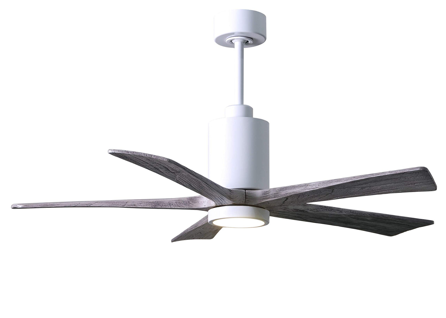 Matthews Fan PA5-WH-BW-52 Patricia-5 five-blade ceiling fan in Gloss White finish with 52” solid barn wood tone blades and dimmable LED light kit