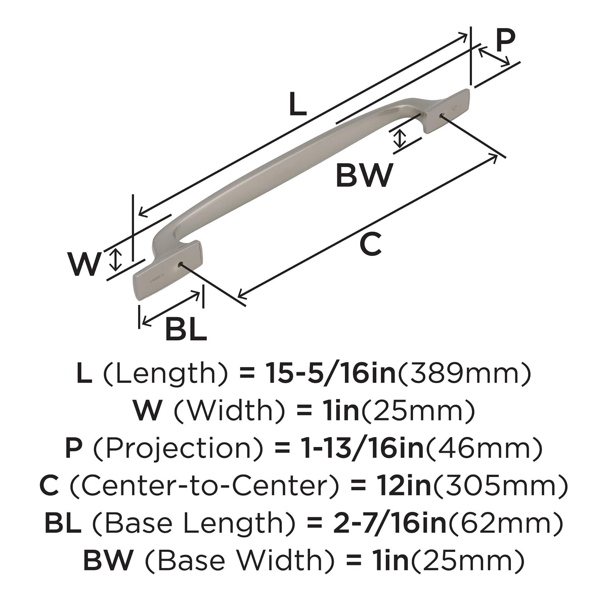 Amerock Appliance Pull Satin Nickel 12 inch (305 mm) Center to Center Highland Ridge 1 Pack Drawer Pull Drawer Handle Cabinet Hardware