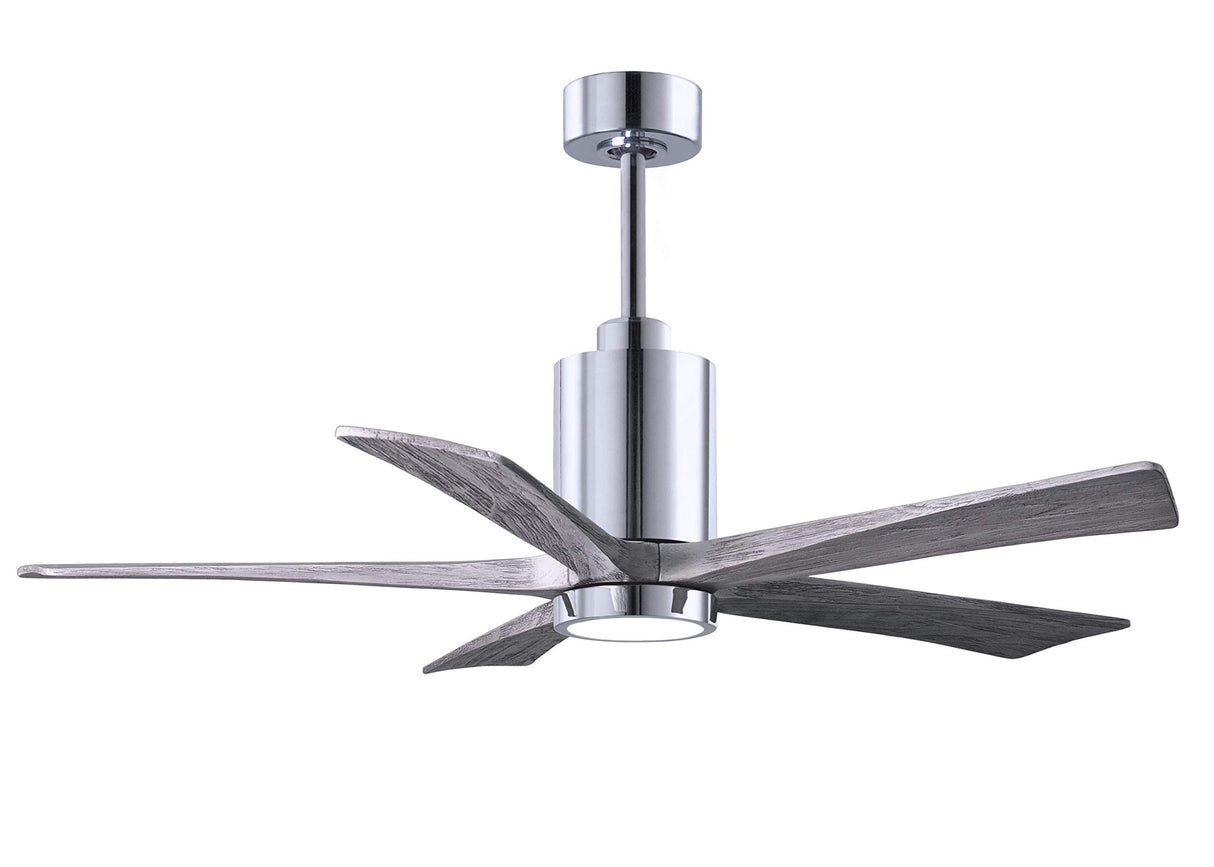 Matthews Fan PA5-CR-BW-52 Patricia-5 five-blade ceiling fan in Polished Chrome finish with 52” solid barn wood tone blades and dimmable LED light kit