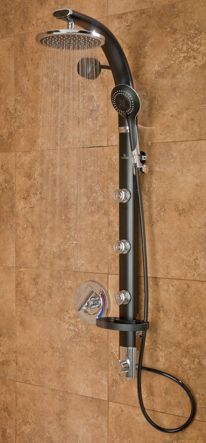 PULSE ShowerSpas 1017-B Bonzai Shower System with 8" Rain Showerhead, 3 Pulsating Body Spray Jets, 5-Function Hand Shower and Integral Shelf, Black Anodized Aluminum Body with Chrome Fixtures