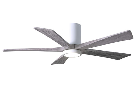Matthews Fan IR5HLK-WH-BW-52 IR5HLK five-blade flush mount paddle fan in Gloss White finish with 52” solid barn wood tone blades and integrated LED light kit.