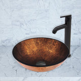VIGO VGT503 16.5" L -16.5" W -13.0" H Handmade Countertop Glass Round Vessel Bathroom Sink Set in Gold and Brown Fusion Finish with Matte Black Single-Handle Single Hole Faucet and Pop Up Drain