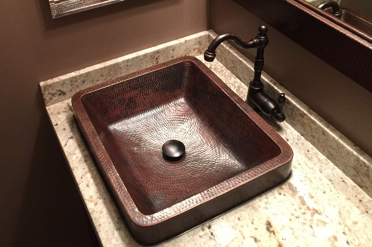 Premier Copper Products VREC19SKDB Rectangle Skirted Vessel Hammered Copper Sink, Oil Rubbed Bronze