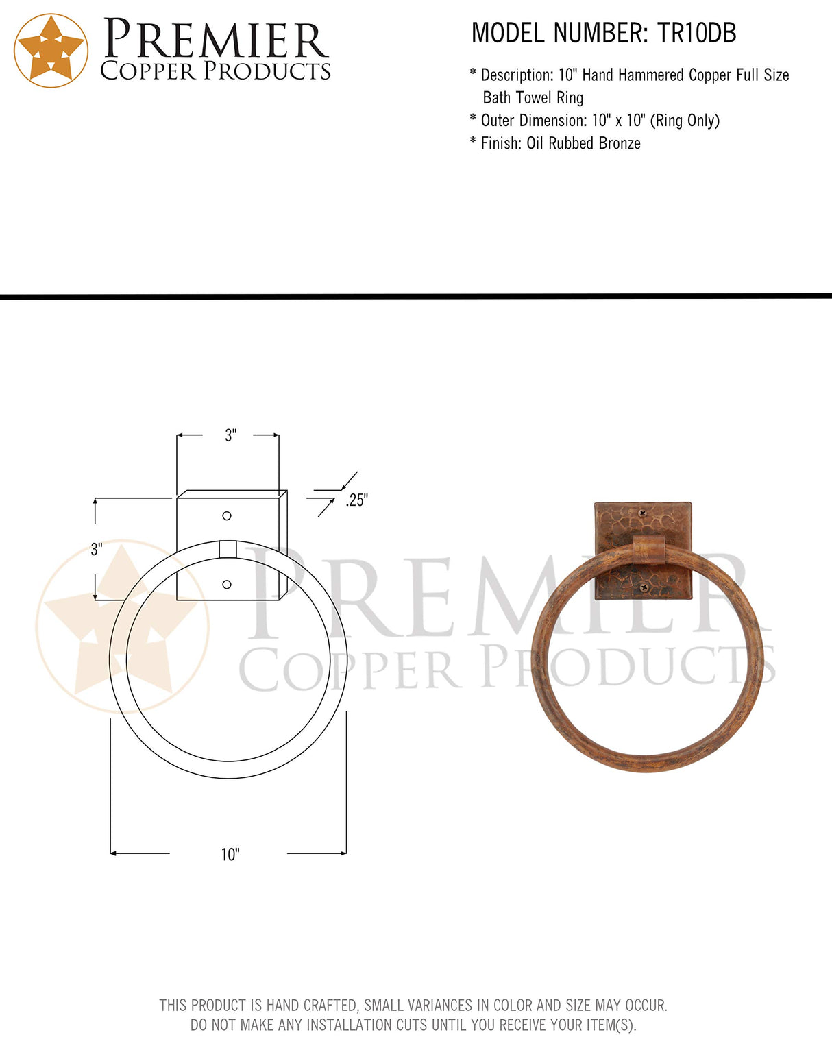 Premier Copper Products TR10DB 10-Inch Hand Hammered Copper Full Size Bath Towel Ring, Oil Rubbed Bronze