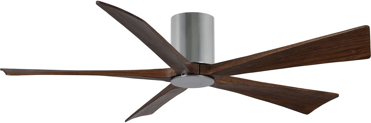 Matthews Fan IR5HLK-CR-WA-60 IR5HLK five-blade flush mount paddle fan in Polished Chrome finish with 60” solid walnut tone blades and integrated LED light kit.