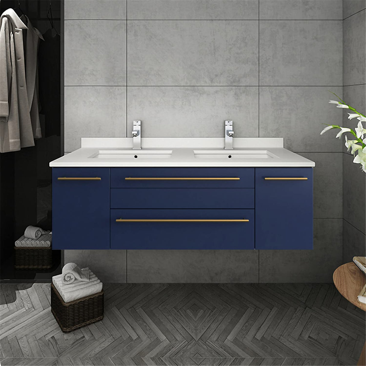 Fresca FVN6148RBL-UNS-D Fresca Lucera 48" Royal Blue Wall Hung Double Undermount Sink Modern Bathroom Vanity w/ Medicine Cabinet