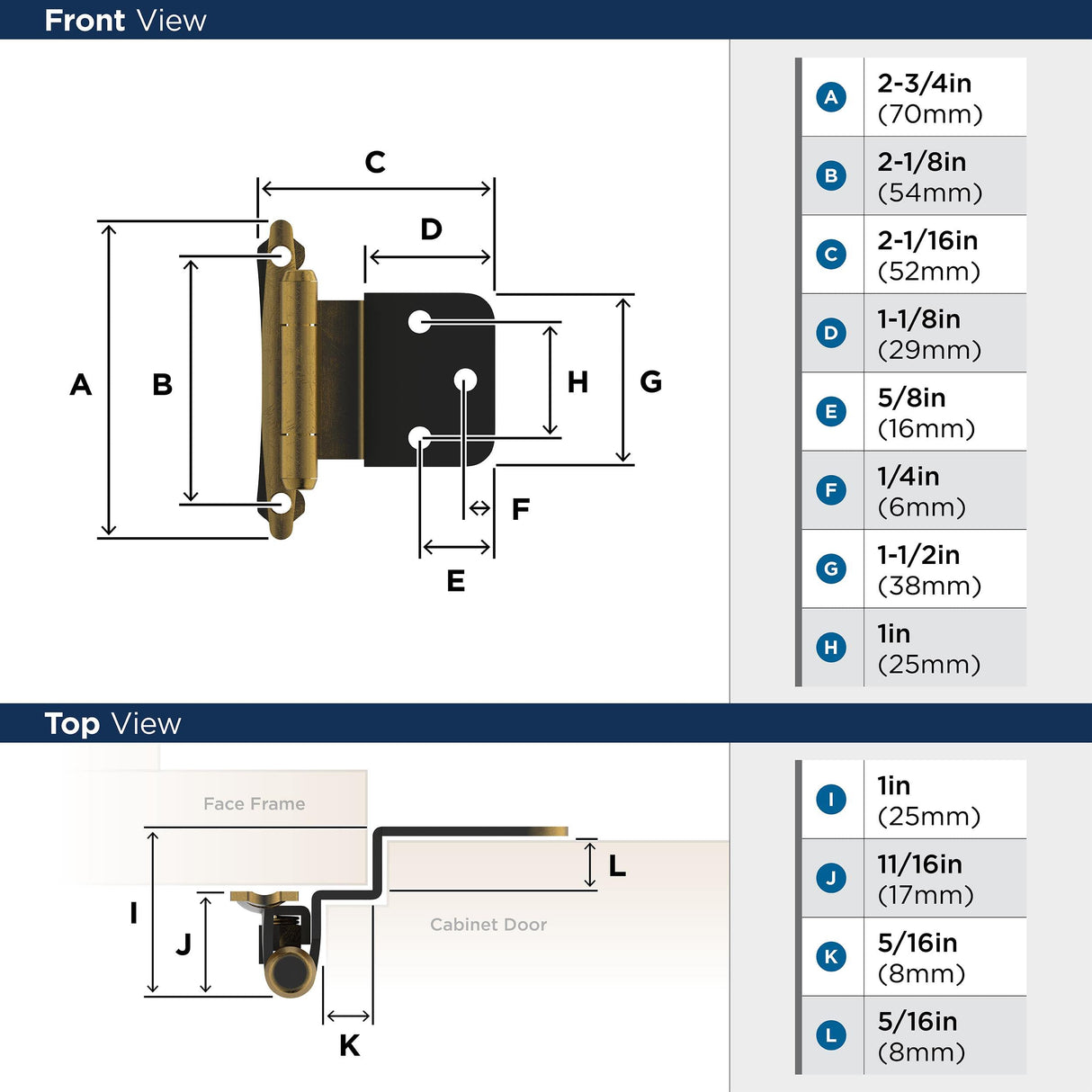 Amerock Cabinet Hinge 3/8 inch (10 mm) Inset Hinge Antique Brass 2 Pack Self-Closing Hinge Face Mount Hinge Cabinet Door Hinge