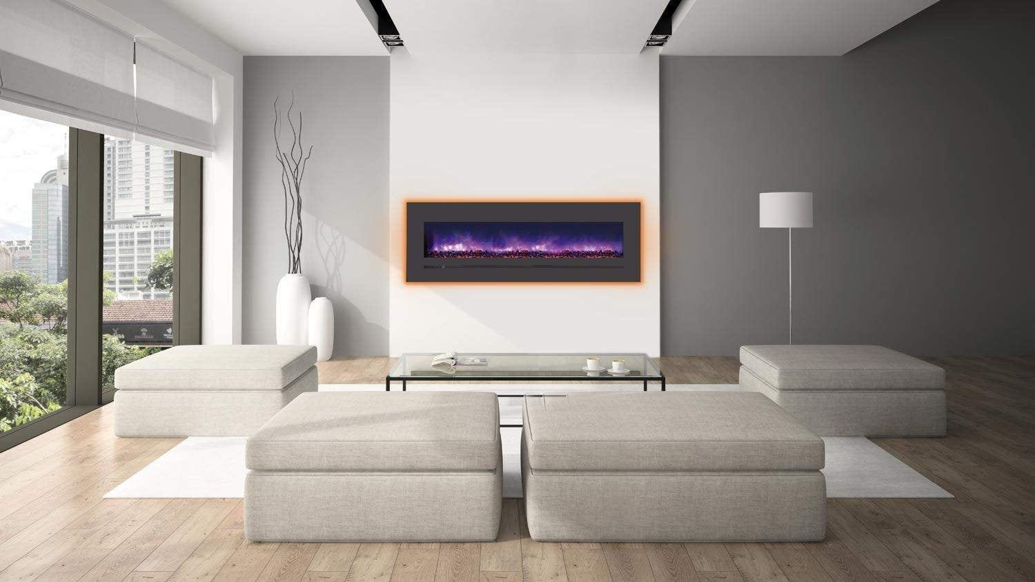 Amantii WM-FML-60-6623-STL Wall Mount / Flush Mount - 60" Electric Fireplace with a Steel Surround and Glass Media