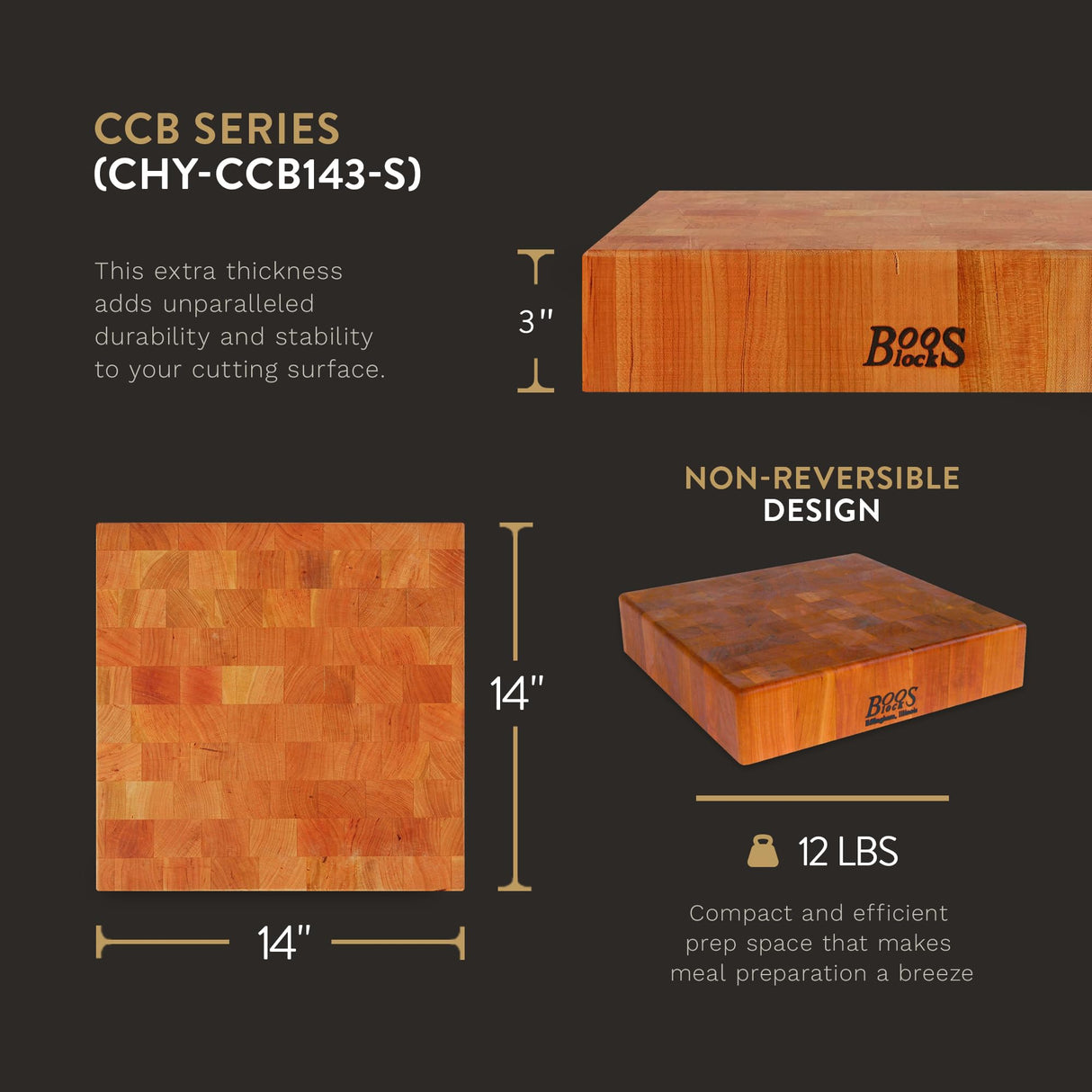 John Boos CHY-CCB143-S Small Cherry Wood Cutting Board for Kitchen 14 x Inches, 3 Inches Thick Reversible Charcuterie End Grain Block with Oil Finish 14X14X3 CHY-END GR-NON REV-NO GRV-