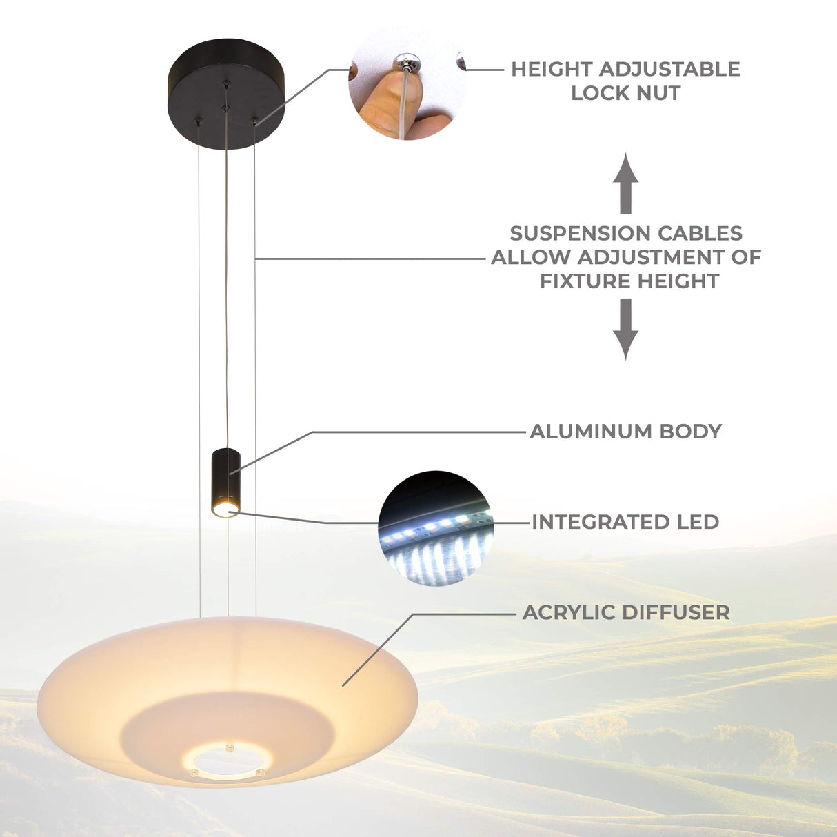 VONN Lighting Positano VAP225R1BL 20" Integrated LED ETL Certified Height Adjustable Pendant Light in Black