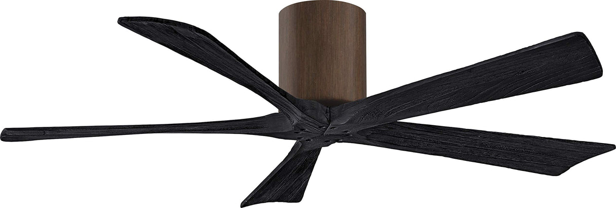 Matthews Fan IR5H-WN-BK-52 Irene-5H five-blade flush mount paddle fan in Walnut finish with 52” solid matte black wood blades. 