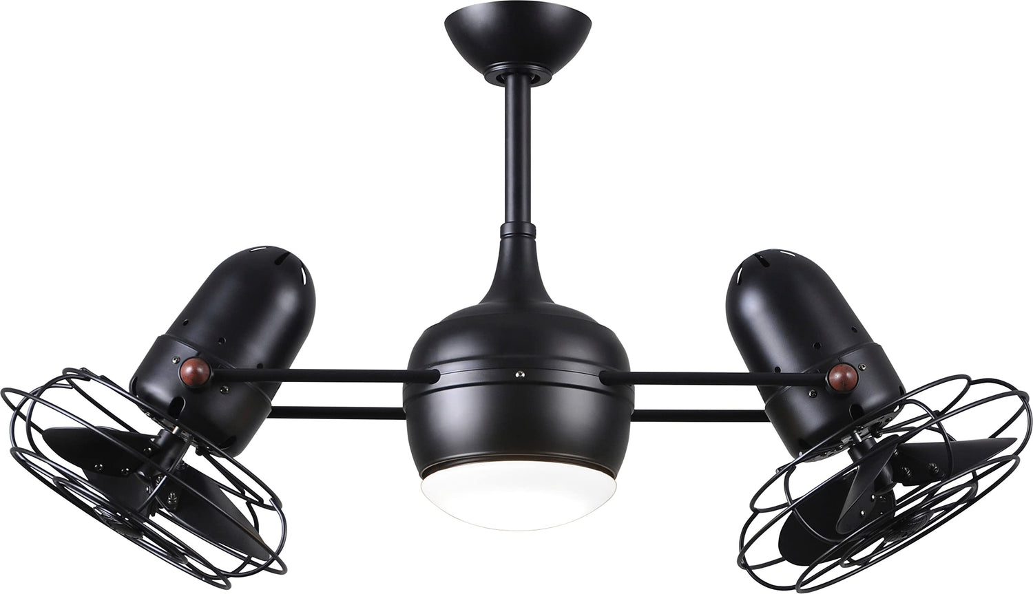 Matthews Fan DGLK-BK-MTL Dagny 360° double-headed rotational ceiling fan with light kit in Matte Black finish with metal blades.