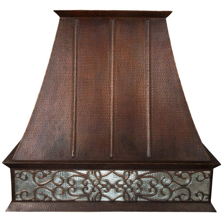 Premier Copper ProductsHV-EURO38S-NB-C2036BP1-TW 38-Inch 1250 CFM Hand Hammered Copper Wall Mounted Euro Range Hood with Nickel Background Scroll Design and Screen Filters