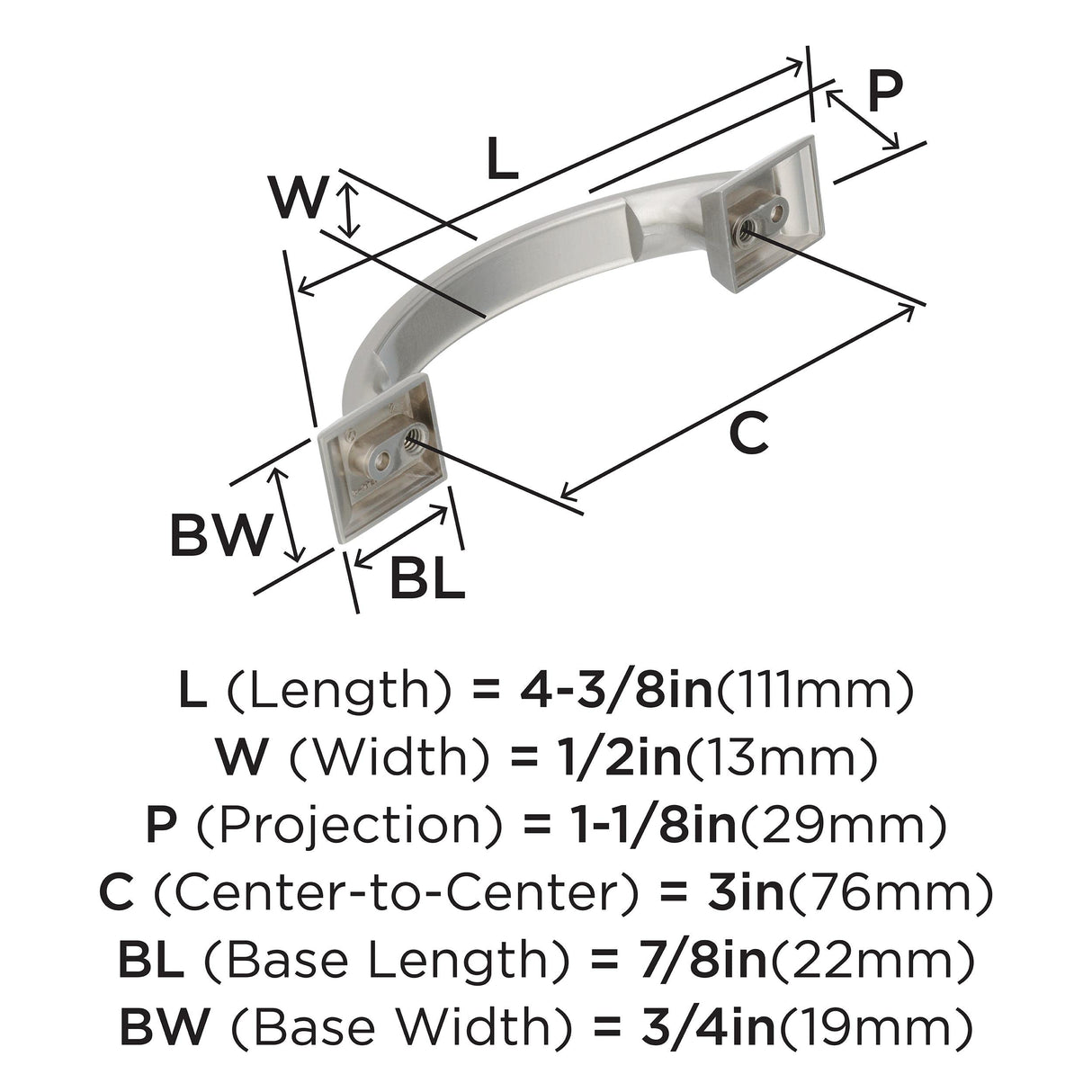 Amerock Cabinet Pull Satin Nickel 3 inch (76 mm) Center to Center Candler 1 Pack Drawer Pull Drawer Handle Cabinet Hardware