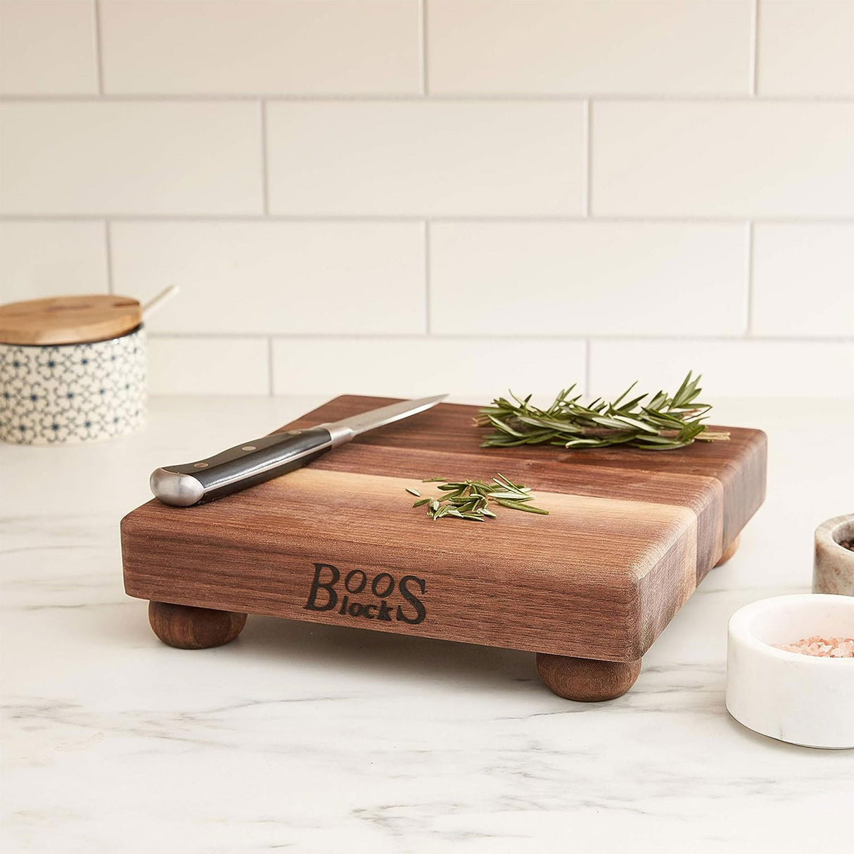 John Boos WAL-B9S Small Walnut Wood Cutting Board for Kitchen Prep 9 x Inches, 1.5 Inch Thick Edge Grain Square Charcuterie Block with Wooden Bun Feet 09X09X1.5 WAL-EDGE GR WAL BUN FT