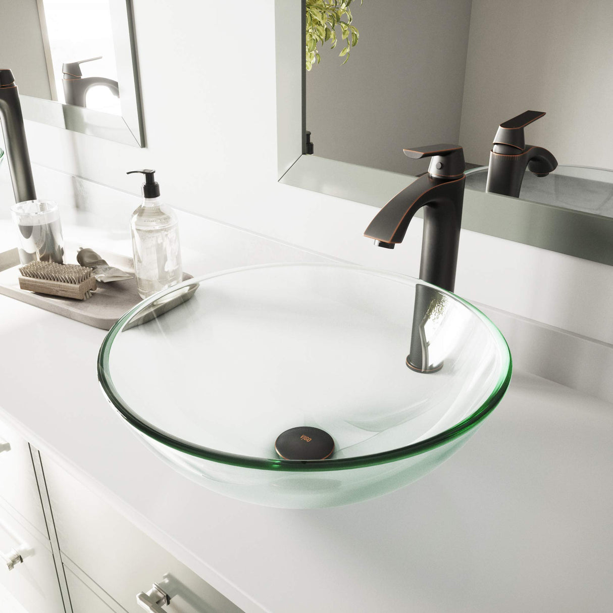 VIGO VGT894 16.5" L -16.5" W -12.38" H Handmade Countertop Glass Round Vessel Bathroom Sink Set in Iridescent Finish with Antique Rubbed Bronze Single-Handle Single Hole Faucet and Pop Up Drain