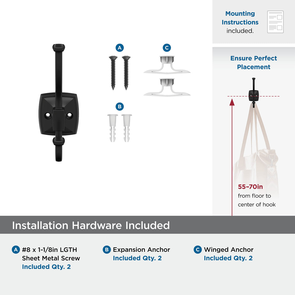 Amerock H37002MB Kinsale Double Prong Decorative Wall Hook Matte Black Hook for Coats, Hats, Backpacks, Bags Hooks for Bathroom, Bedroom, Closet, Entryway, Laundry Room, Office