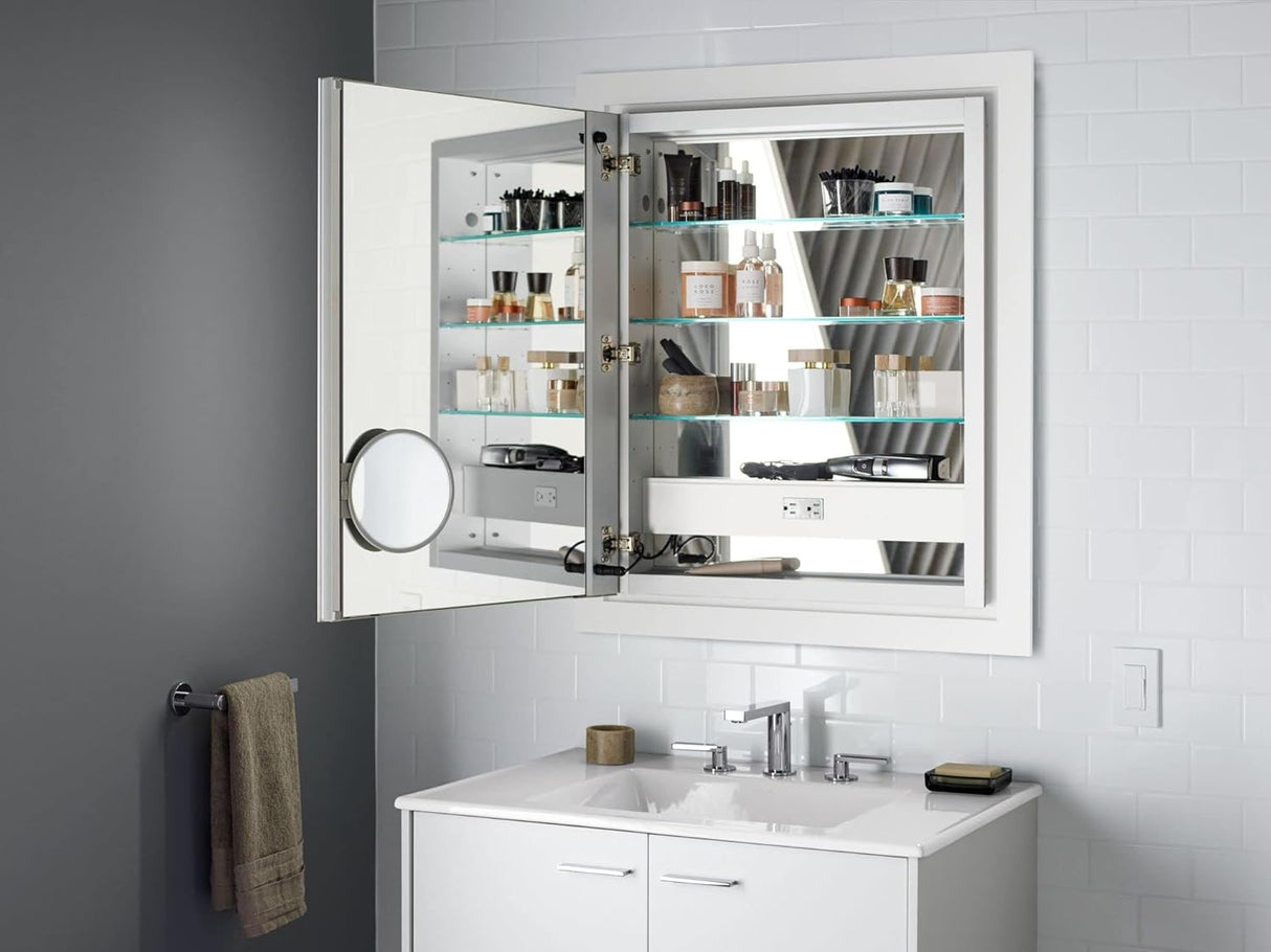 Kohler Verdera 24" x 30" Lighted Single Door Medicine Cabinet with Three Shelves, Built-in Outlets and Flip Out Magnifying Mirror - CA Title 24 Compliant