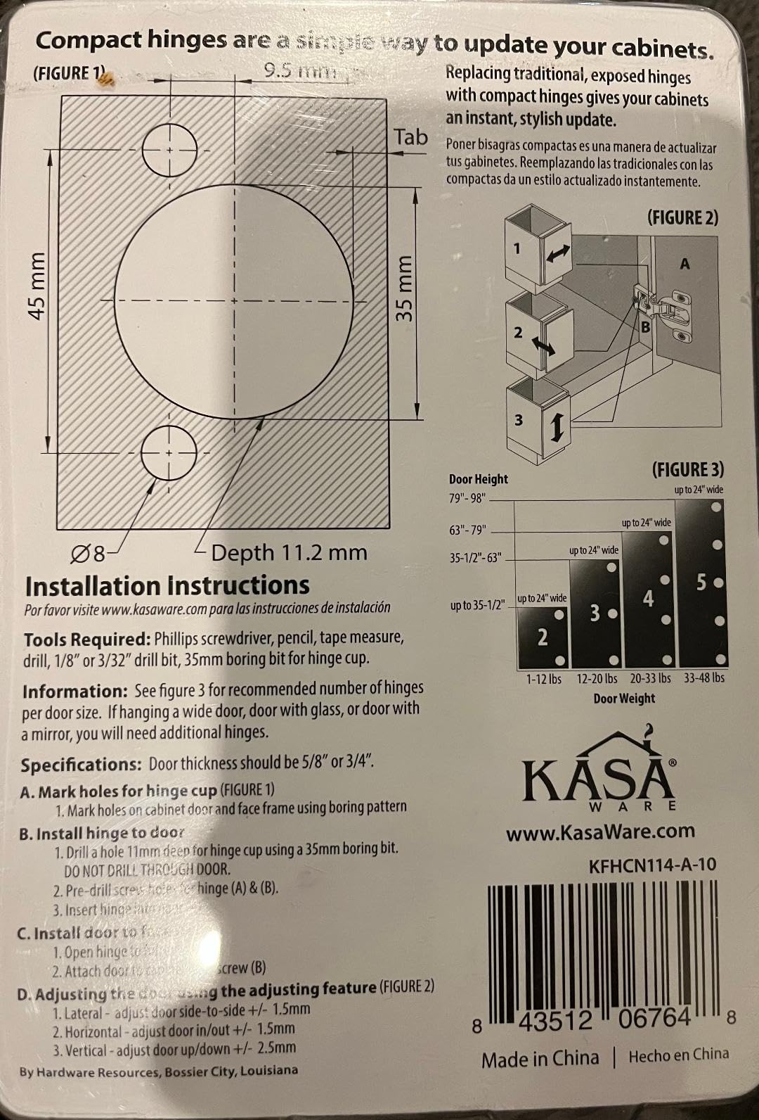 KasaWare KFHCN114-A-10 1-1/4" Overlay Compact Hinge, 10-pack