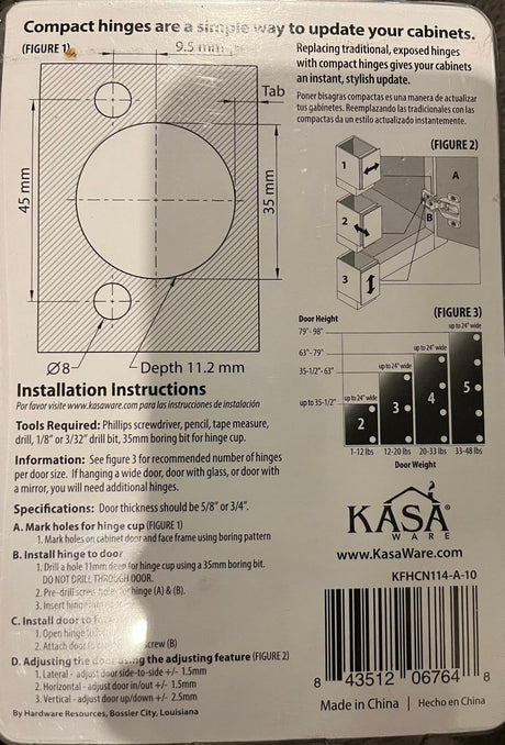 KasaWare KFHCN114-A-10 1-1/4" Overlay Compact Hinge, 10-pack