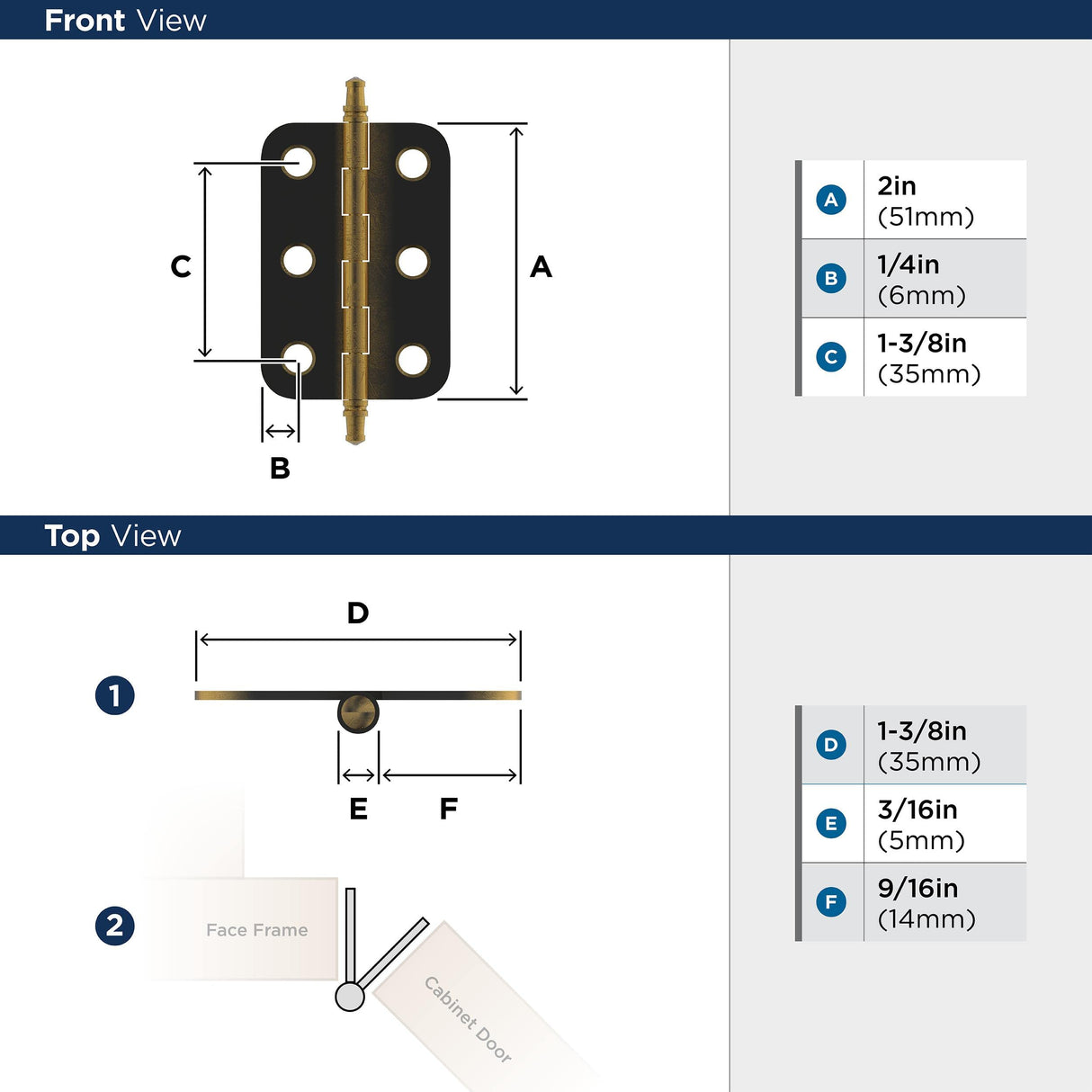 Amerock Cabinet Hinge 2-11/16 inch (68 mm) Length Hinge Antique Brass 2 Pack Non Self-Closing Hinge Butt Hinge Cabinet Door Hinge