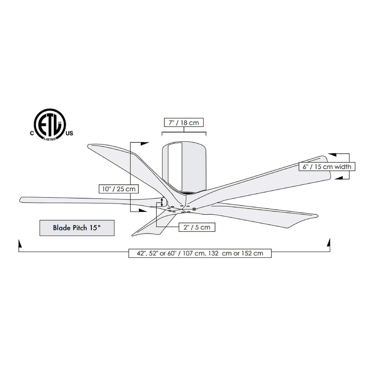 Matthews Fan IR5H-CR-BW-52 Irene-5H five-blade flush mount paddle fan in Polished Chrome finish with 52” solid barn wood tone blades. 