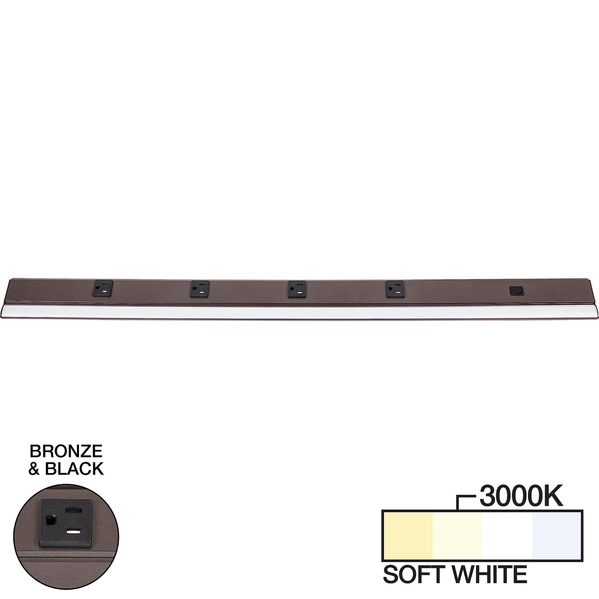 Task Lighting LP36QD12NDBBZ30 36-1/2" 1200 Lumen Direct Voltage DV Lighted Power Strip, Bronze Finish, Black Receptacles, 3000K Soft White