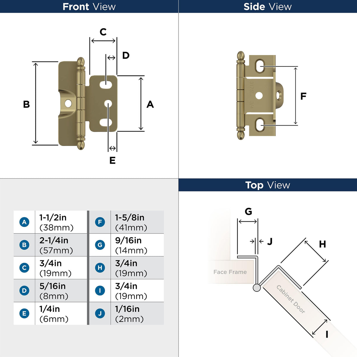 Amerock PK3175TBBBZ Cabinet Hinge 3/4 in. (19 mm) Door Thickness Full Inset Full Wrap Ball Tip Golden Champagne Kitchen Cabinet Door Hinge Single Hinge Functional Hardware