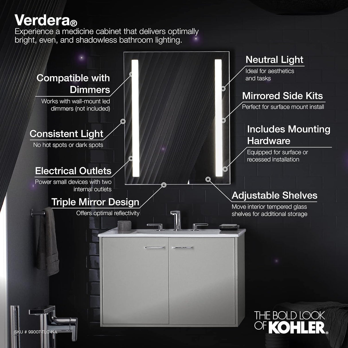 Kohler Verdera 24" x 30" Lighted Single Door Medicine Cabinet with Three Shelves, Built-in Outlets and Flip Out Magnifying Mirror - CA Title 24 Compliant