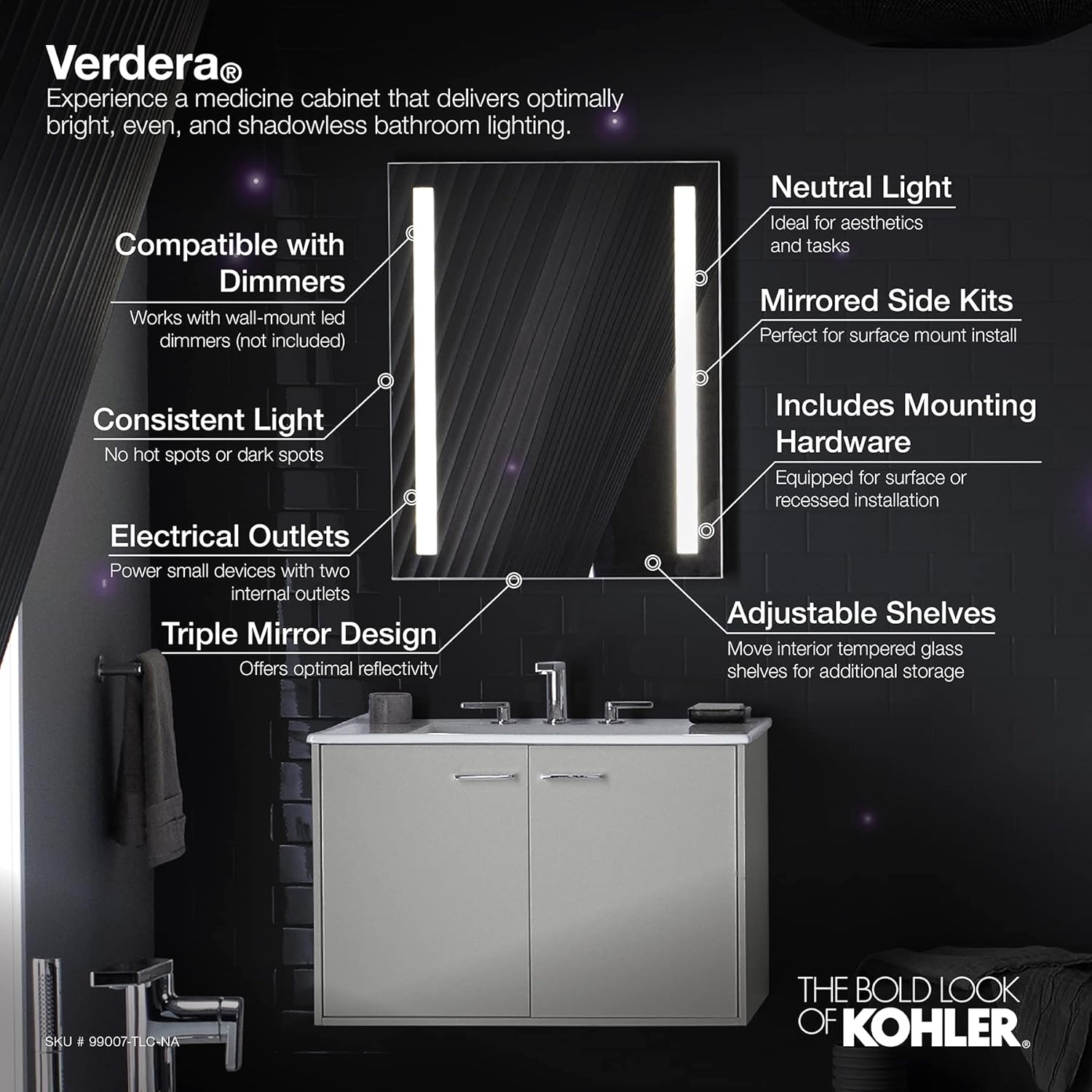 Kohler Verdera 24" x 30" Lighted Single Door Medicine Cabinet with Three Shelves, Built-in Outlets and Flip Out Magnifying Mirror - CA Title 24 Compliant