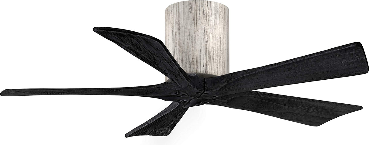 Matthews Fan IR5H-BW-BK-42 Irene-5H five-blade flush mount paddle fan in Barn Wood finish with 42” solid matte black wood blades. 