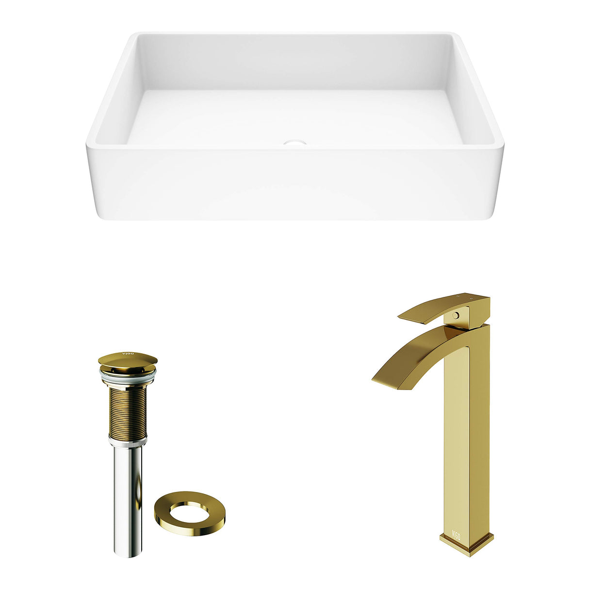 VIGO VGT1458 13.88" L -21.25" W -12.0" H Handmade Countertop White Matte Stone Rectangle Vessel Bathroom Sink Set in Matte White Finish with Faucet in Matte Brushed Gold and Pop Up Drain