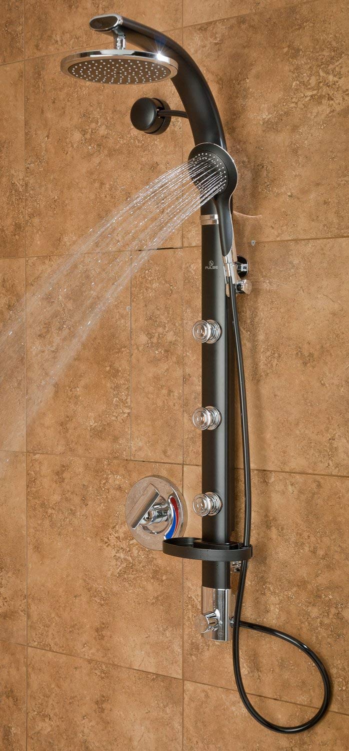 PULSE ShowerSpas 1017-B Bonzai Shower System with 8" Rain Showerhead, 3 Pulsating Body Spray Jets, 5-Function Hand Shower and Integral Shelf, Black Anodized Aluminum Body with Chrome Fixtures