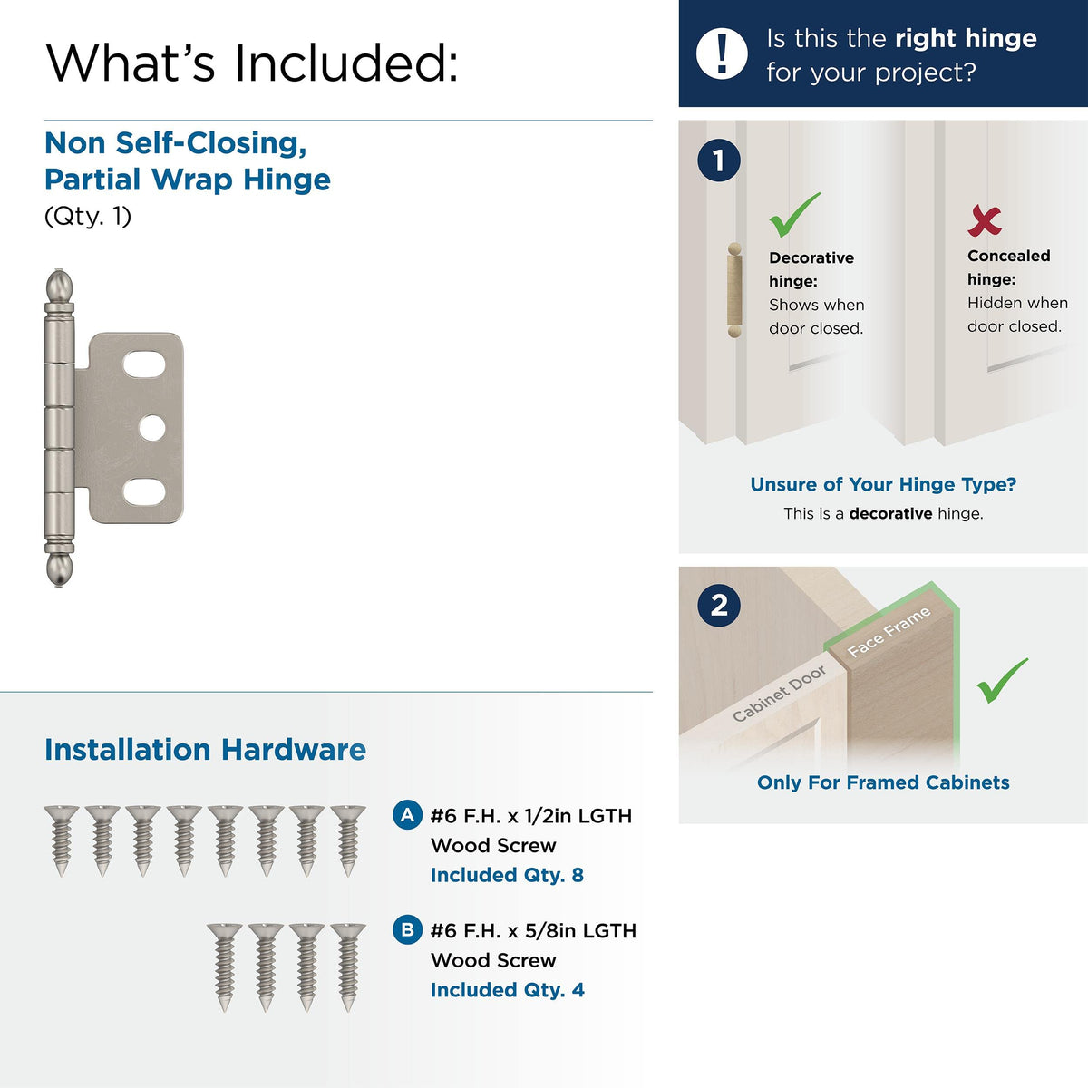 Amerock Cabinet Hinge 3/4 inch (19 mm) Door Thickness Hinge Satin Nickel 1 Pack Non Self-Closing Hinge Partial Wrap Hinge Cabinet Door Hinge